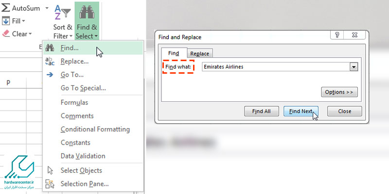 دسترسی به ابزار Find برای پیدا کردن و جایگزینی داده ها در اکسل